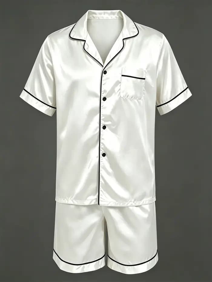 Ensemble pyjama d'été en satin pour homme – Haut boutonné à manches courtes et short – Vêtements de nuit et de détente soyeux pour un confort estival