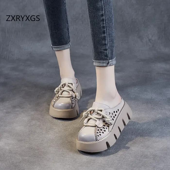 ZXRYXGS 2025 été Premium en cuir véritable creux bout rond extérieur pantoufle femmes sandales plate-forme hauteur augmenter pantoufles