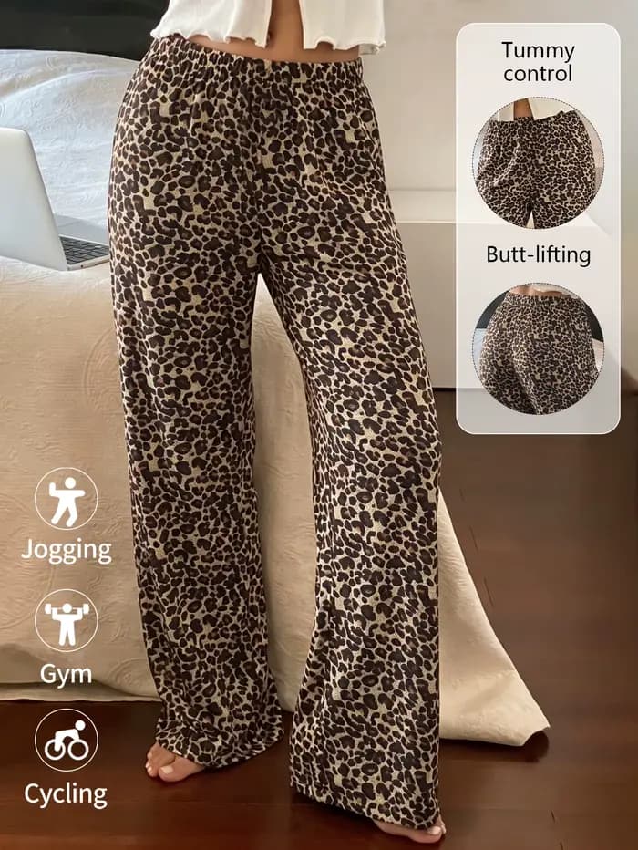 Pantalon de pyjama pour femme motif léopard brun en tricot doux avec taille élastique et élasthanne pour confort maison printemps