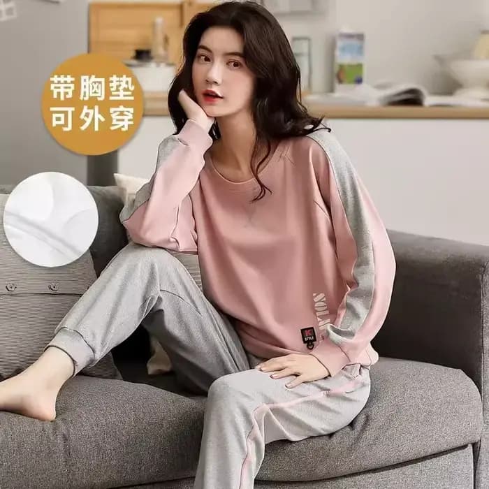 2024 Nouveau pyjama femme avec coussin de soutien-gorge printemps et automne coton Ins manches longu