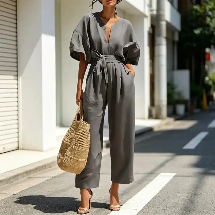 Combinaison confortable en coton et lin pour femme, avec poches, manches courtes cloche, col en V, jambes larges, pour l'été