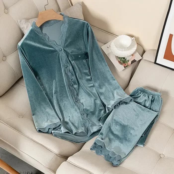 Nouveau velours vêtements de nuit femmes dentelle douce à manches longues deux pièces ensemble peut être porté à