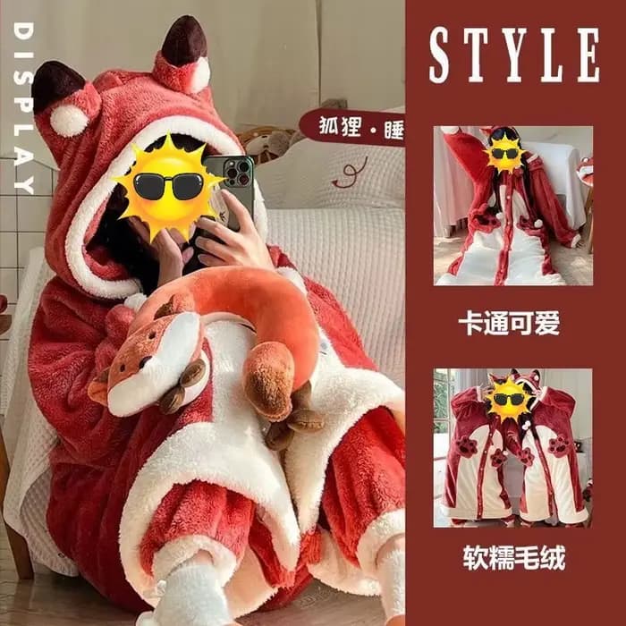 Pyjama en polaire corail épais pour femme, motif renard de dessin animé, combinaison une pièce en pe