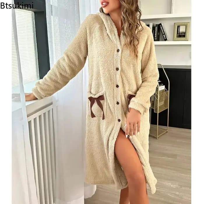 Femmes Robe Robe boutons nœud poches hiver chaud flanelle à capuche peignoir pour hôtel Spa fête ample et confortable maison peignoirs