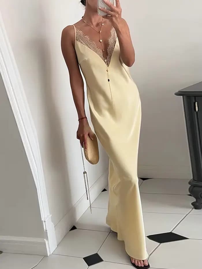 Robe longue sexy en dentelle patchwork pour femme