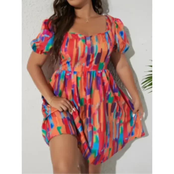 Robe trapèze décontractée sans manches pour femmes, grande taille, imprimé brosse, manches bouffante
