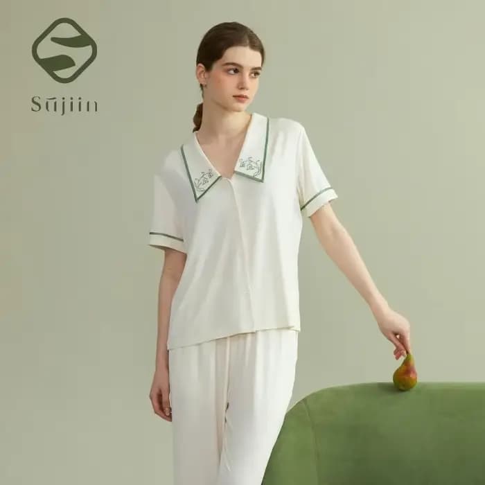 SUJIIN femmes Modal pyjama ensembles été à manches courtes Pjs confort pantalon vêtements de nuit brodé ensemble