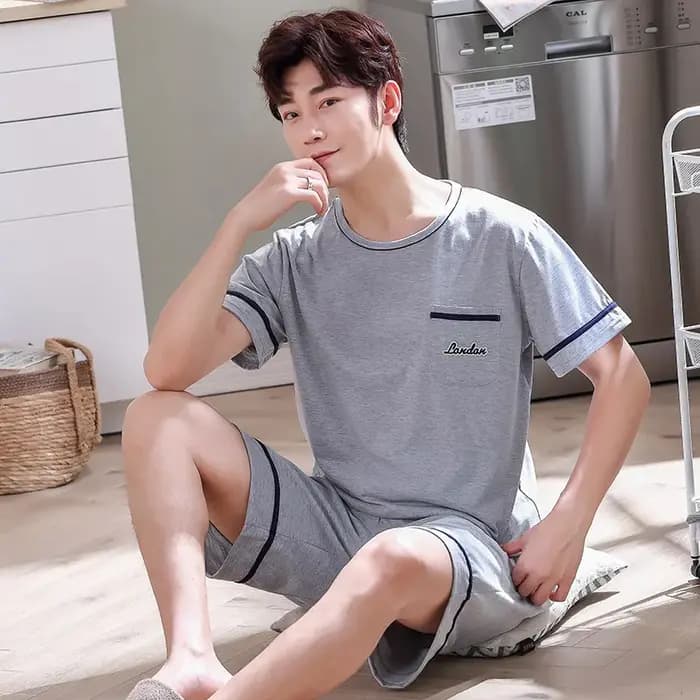 Soldes d'été : Ensemble pyjama homme en coton deux pièces – T-shirt à manches courtes et short décon