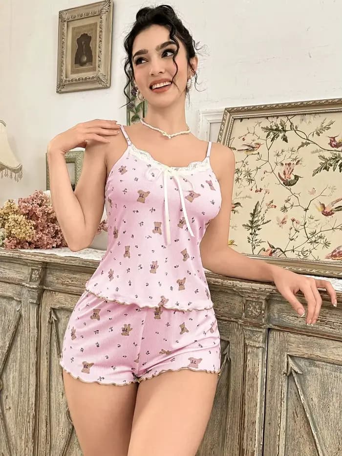 Nouvel ensemble de pyjama côtelé Y2K mignon motif ours en peluche pour femme, comprenant un haut de