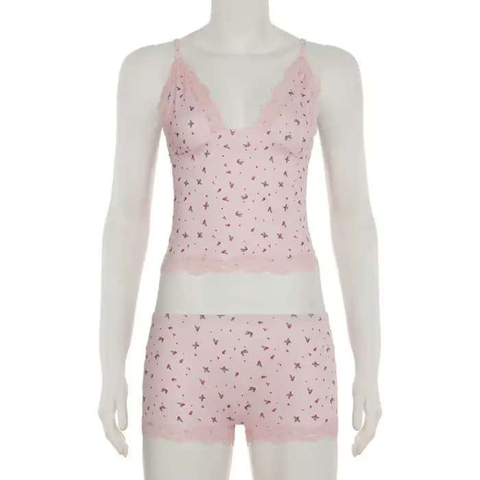 Ensemble de pyjama sexy deux pièces en dentelle florale rose pour femme
