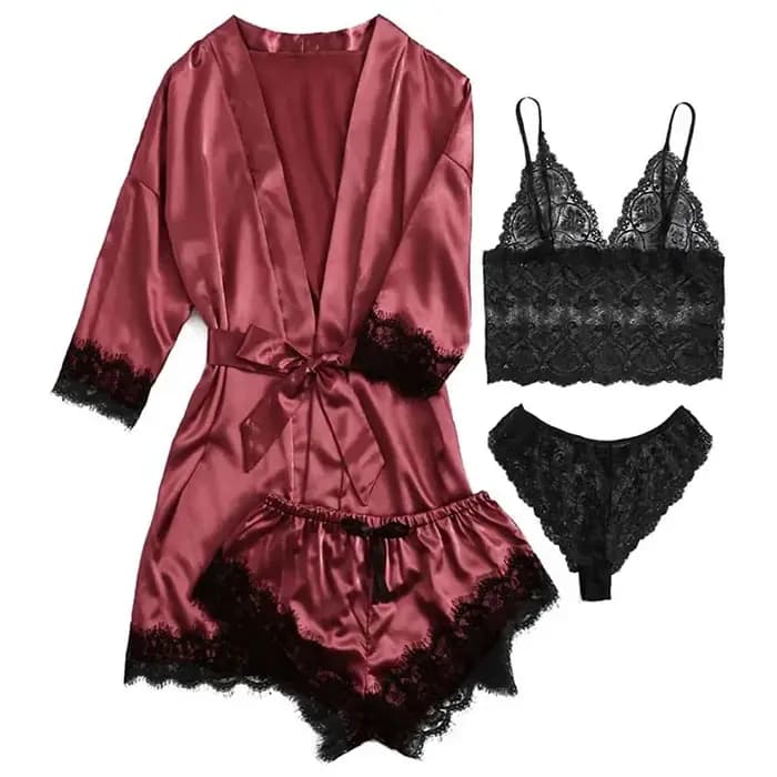 4 pièces femme vêtements de nuit pyjamas Ser avec Robe Sexy dentelle Lingerie peignoir soie Satin maison