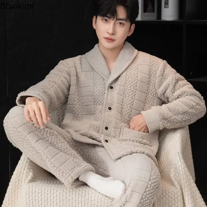 Nouveaux ensembles de pyjama en flanelle pour hommes automne et hiver épaissir chaud ample décontracté Homewear corail velours hauts + pantalons mâle costume de nuit