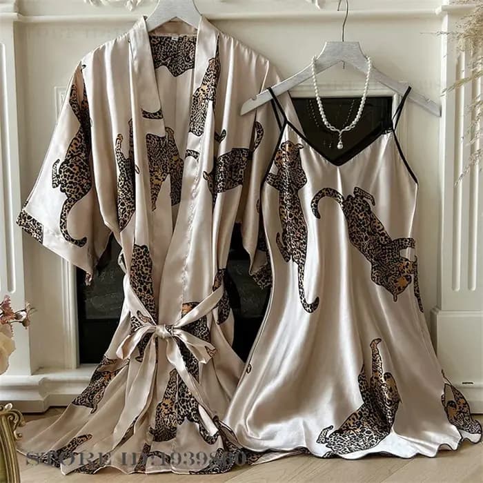 Peignoir kimono en satin à imprimé léopard pour femmes