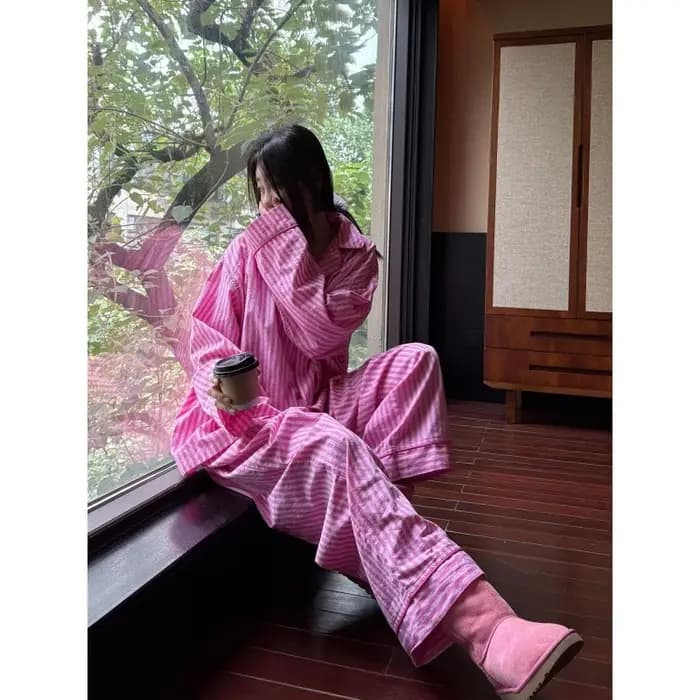 Pyjama rayé rose 2026 pour femme – Nouveauté printemps-automne – Ensemble loungewear à manches longues et pantalon