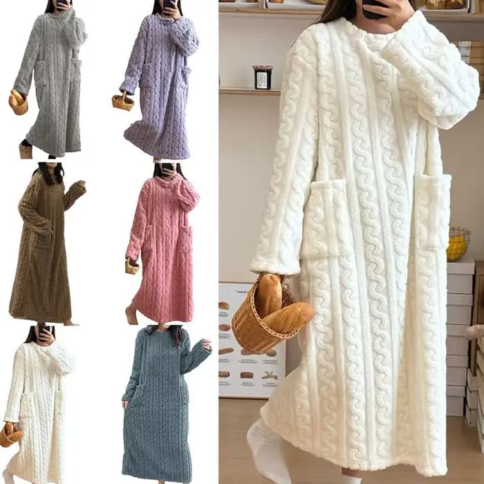 Hiver femmes flanelle chemises de nuit à manches longues Double poche ample solide vêtements