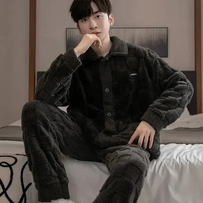 Ensemble de pyjama homme 2026 – Nouveauté mode en flanelle épaisse à manches longues, deux pièces pour la maison, tenue de détente chaude en velours corail