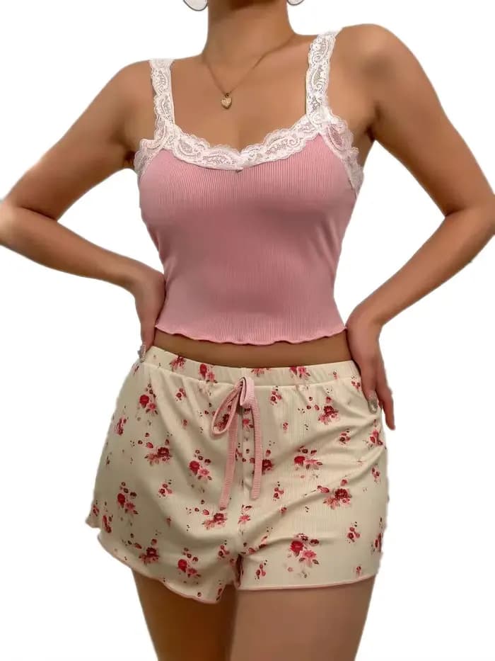 Femmes pyjama ensemble dentelle Patchwork col en v vêtements de nuit Sexy nuisettes costume Camisole haut imprimé