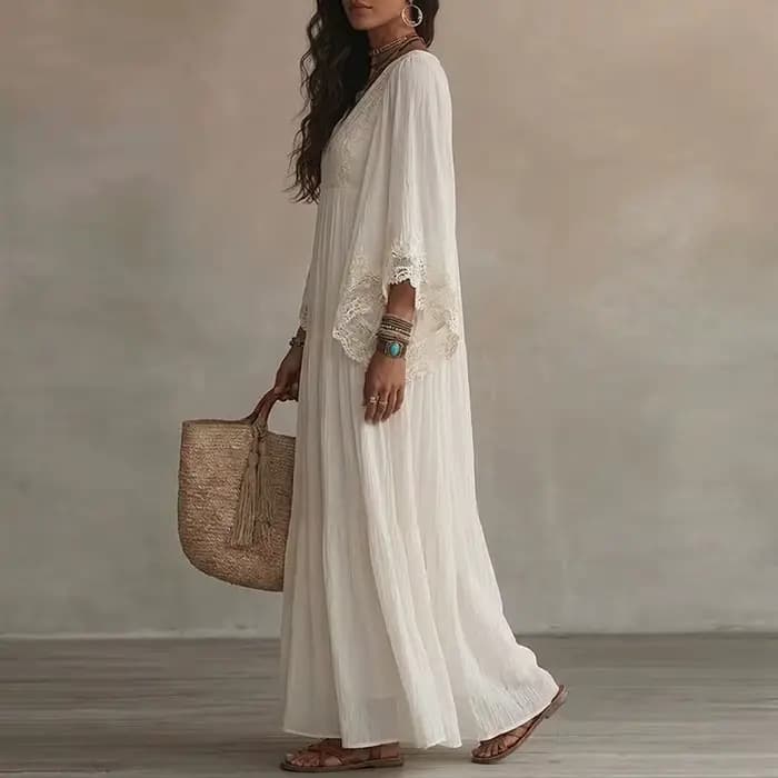 Robe longue vintage en dentelle unie pour femme