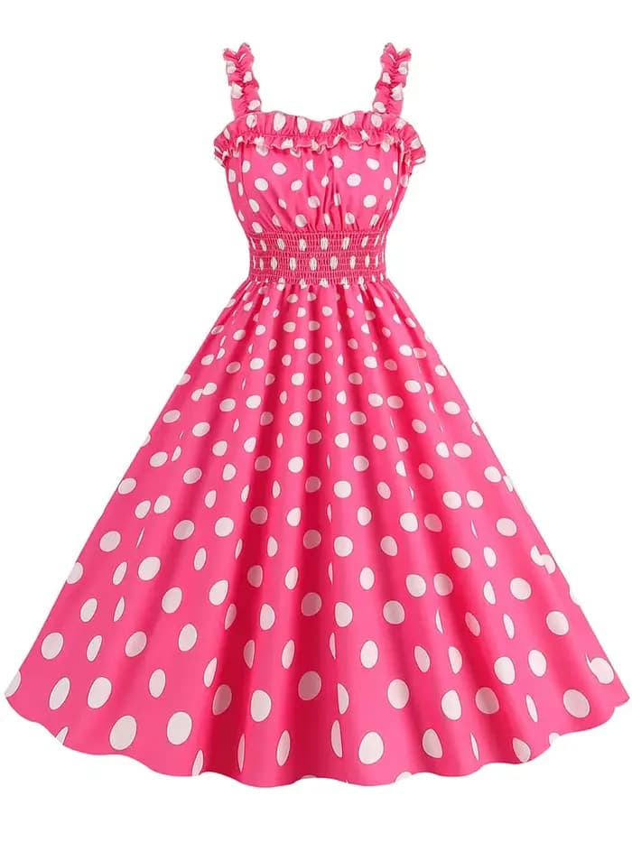 Robe mi-longue froncée à pois roses pour femmes