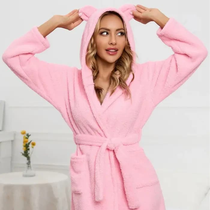 Nouvelle Robe de Chambre Décontractée Chaude Hiver 2026 pour Femme, Peignoir à Capuche avec Oreilles, Robe en Peluche Col V Manches Longues, Kimono Châle, Manteau de Bain Chaud