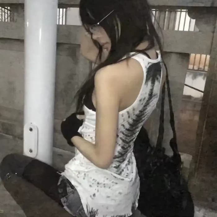 Karrcat Grunge Esthétique Tie Dye Débardeur Trashy 2000s Style Long Débardeur Japonais Y2k Haut Sans