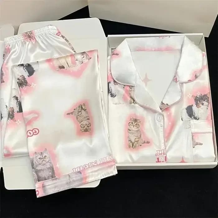 Pyjama en Satin pour Jeune Fille, Long et Court, à la Mode, Imprimé Chat Mignon, Fin, Ensemble pour Femme, Nouvelle Collection Été