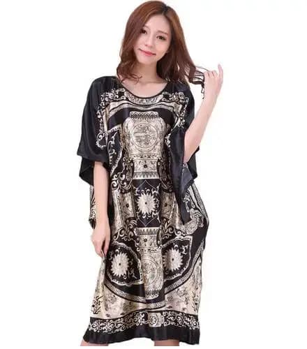 Robe de nuit en satin noir à imprimé fantaisie pour femme, caftan, peignoir, tenue d'intérieur d'été, grande taille 6XL