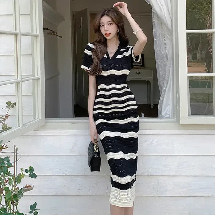 Robe Longue d'Été Rétro à Rayures Ajourées pour Femme