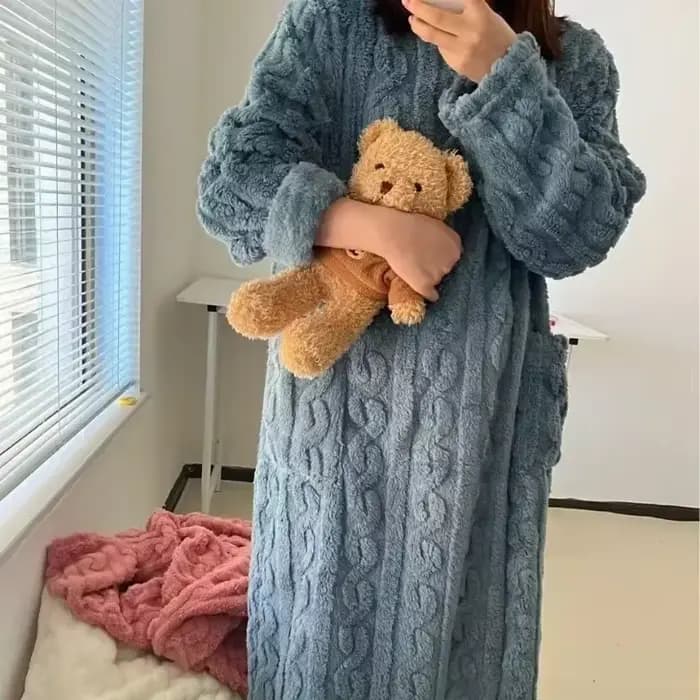 Hiver à manches longues Double poche flanelle chemises de nuit femmes ample solide vêtements