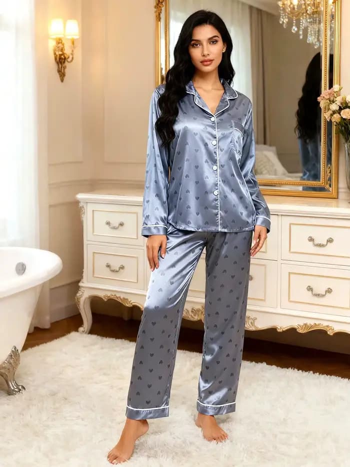 Femmes Pyjamas Satin-like coeur imprimé à manches longues et pantalons pyjama ensemble revers cou vêtements de nuit Pyjamas pour femmes Pijamas pantalons ensembles