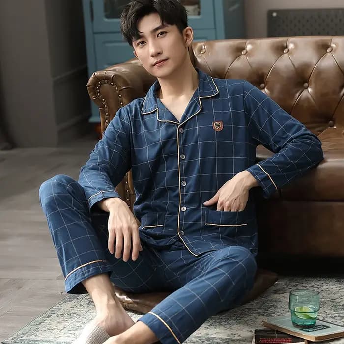 Hiver 100% coton Pyjamas hommes bleu vêtements de nuit chaud Pyjama Homme