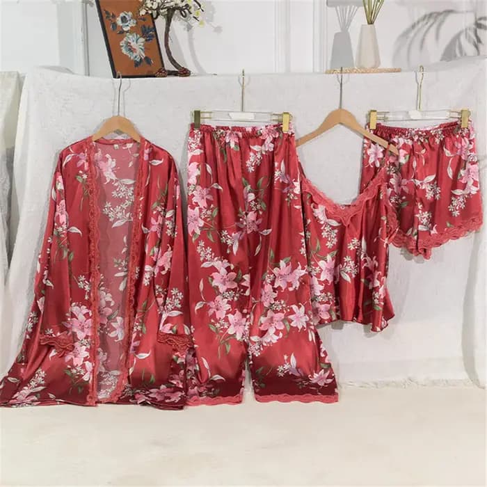 Grande taille femmes Pyjamas 4 pièces ensemble soyeux maison vêtements Pijamas costume imprimé fleur