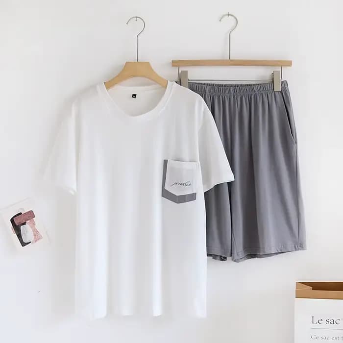 Japanese summer new men's pajamas short-sleeved shorts two-piece set 100% cotton knitted home clothe