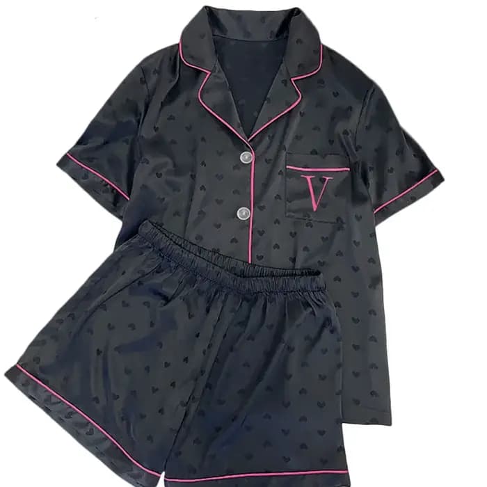 Vêtements de nuit d'été pour femmes: soie glacée Cool-Touch manches courtes Premium noir imprimé coeur