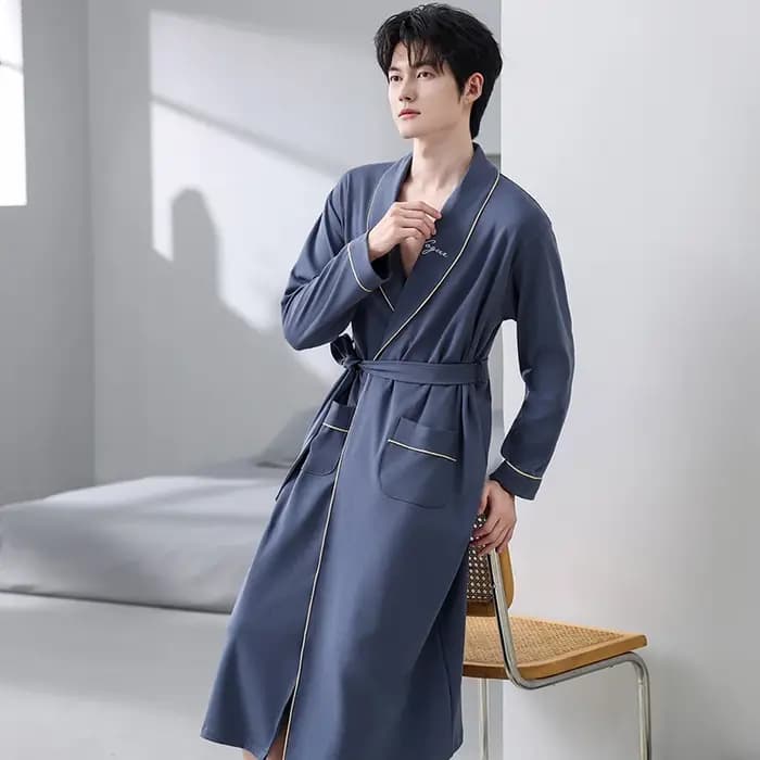 Printemps automne peignoir hommes 100% coton haut de nuit Kimono Robes pour homme solide