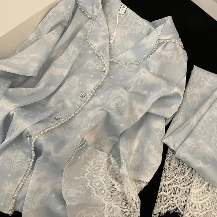 Grande taille 4XL femme 2 pièces Pyjamas ensemble vêtements de détente douce fille imprimer fleur déshabillé en dentelle à manches longues Pijamas soie Satin Homewear