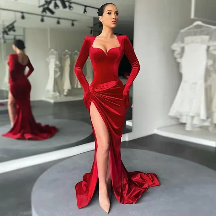 GACVGA robe longue élégante robe de soirée tenues femmes gants manches rouge velours Sexy fente Maxi