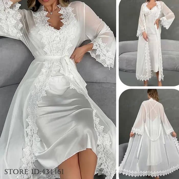 Sexy dentelle femme nuisette & robe ensemble chemise de nuit blanc glace soie jarretelle