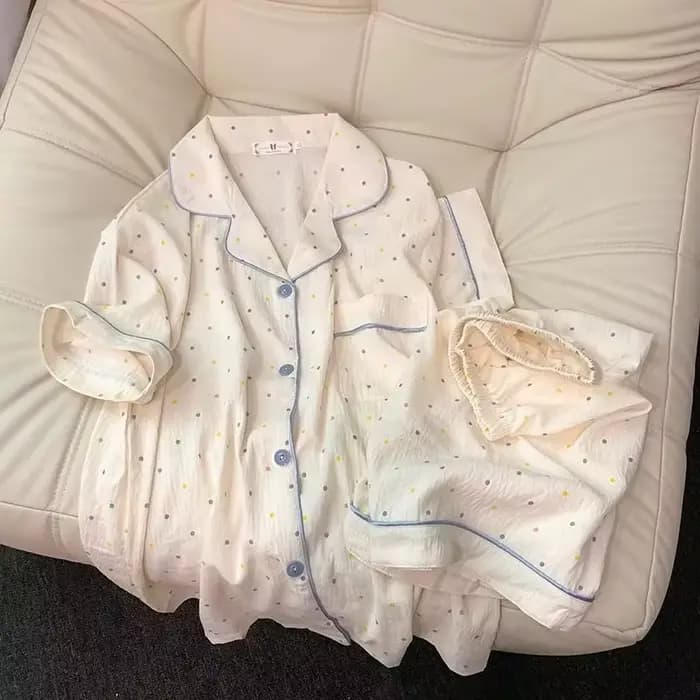 Ensemble pyjama en coton imprimé à pois pour femmes, haut à manches courtes et short, ensemble 2 piè