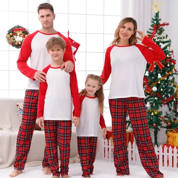 2025 nouveau ensemble de pyjamas de noël imprimé à carreaux vierges pour la famille à manches longues col rond 2 pièces