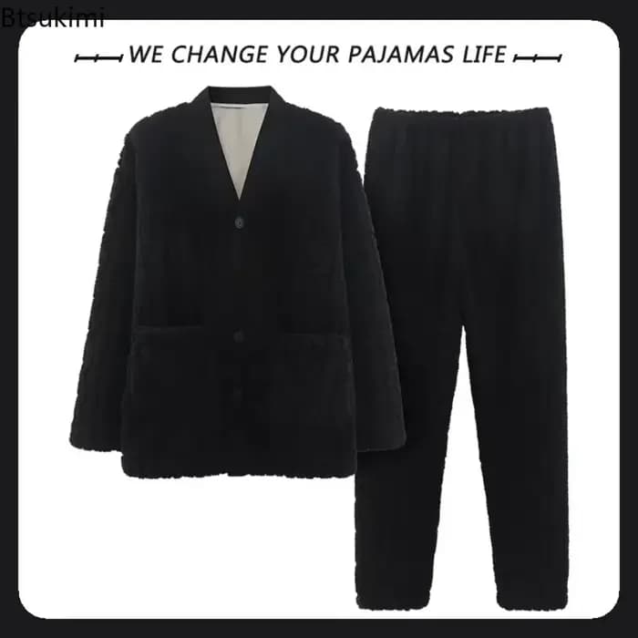 Nouveau automne hiver épais pyjamas ensemble pour hommes coréen Teddy Jacquard col en v bouton vêtements de nuit pour homme Kimono velours pyjama ensembles mâle
