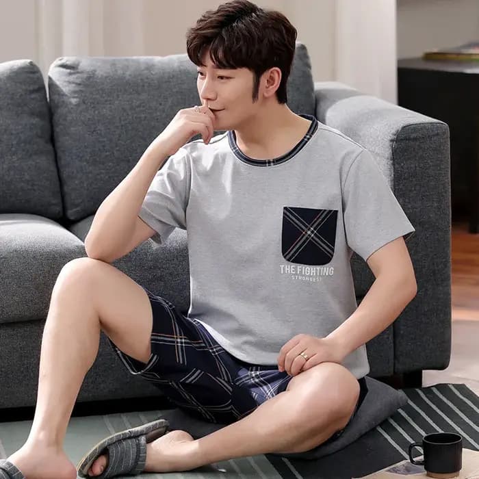 Soldes d'été : Ensemble pyjama homme en coton deux pièces – T-shirt à manches courtes et short décontracté et tendance pour la maison