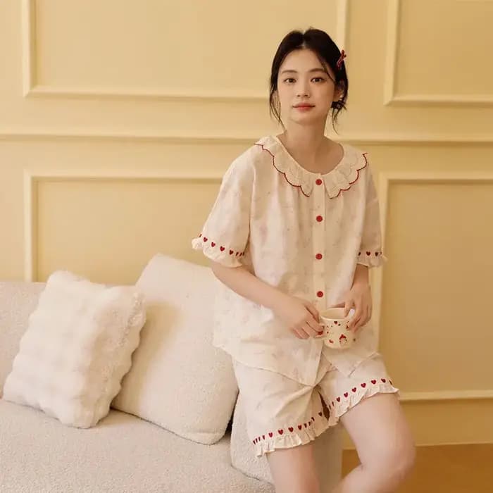 Adorable ensemble de pyjama orné de cœurs rouges | Gaze 100% coton pour femmes