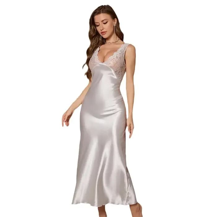 Chemise de nuit à col en V profond en dentelle patchwork pour femmes
