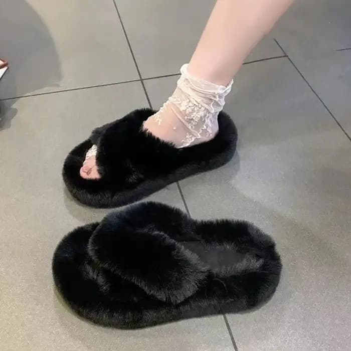 Belles diapositives Homewear pantoufles bout ouvert anti-dérapant plat en peluche