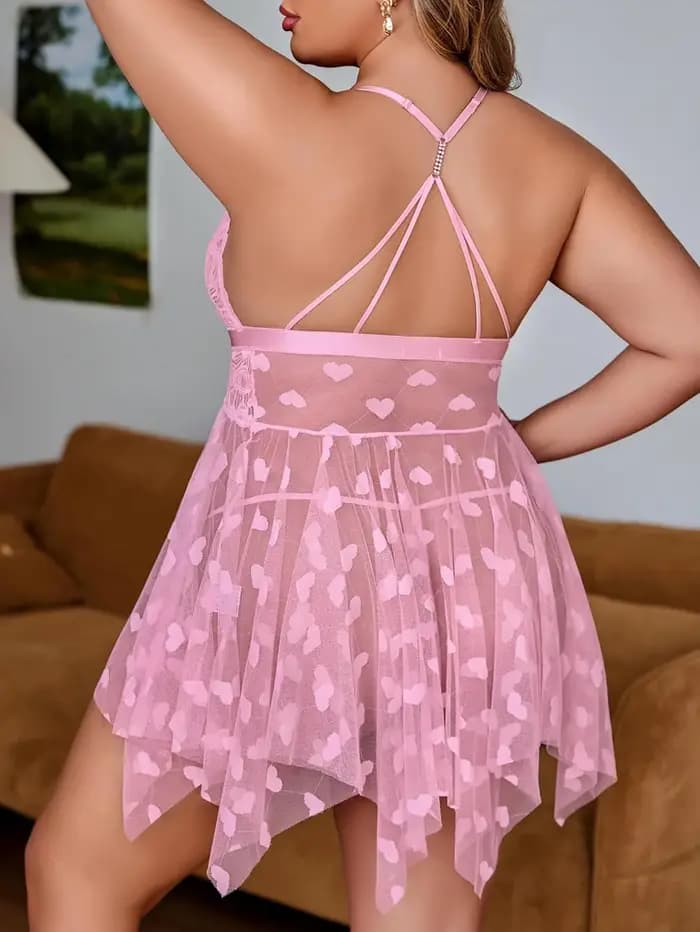 Robe Babydoll Sexy Grande Taille en Maille Transparente Rose à Cœur – Nuisette en Dentelle à Col en V Profond avec