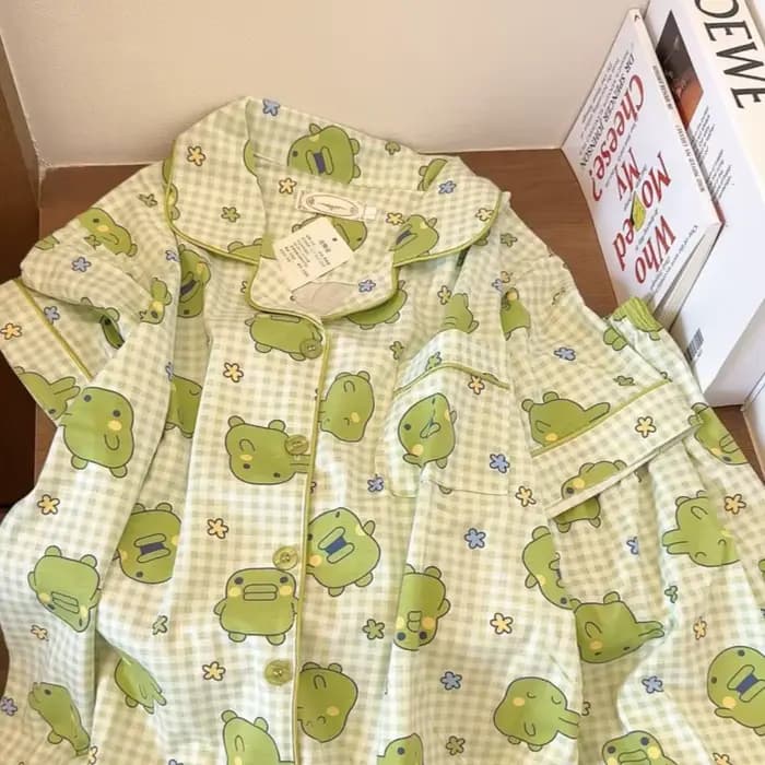 Ensemble pyjama imprimé Tamagotchi – Vêtements de nuit d'été en coton à manches courtes pour femmes (Shorts et haut