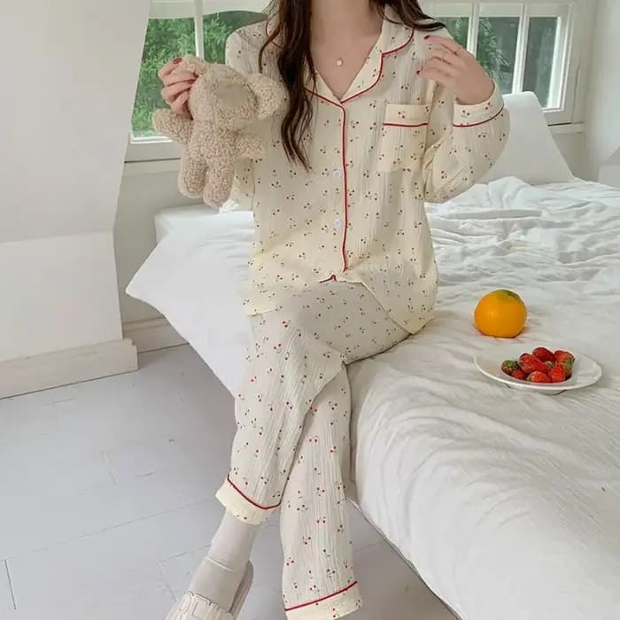 Mignon à volants cerise pyjamas femmes revers ample deux pièces vêtements de nuit chemise