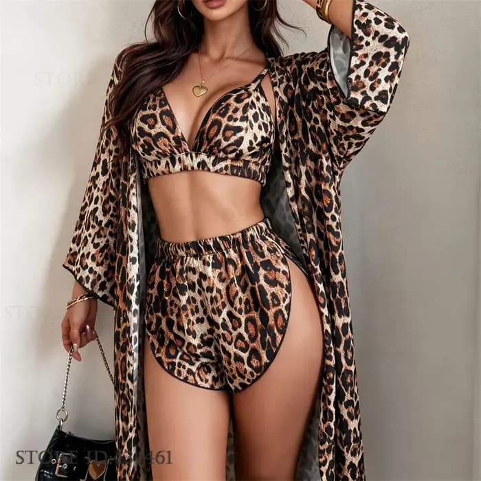 Ensemble de pyjama 3 pièces à imprimé léopard pour femme, lingerie d'été, vêtements de nuit en satin, kimono, peignoir, robe ample décontractée pour la maison, pijama.