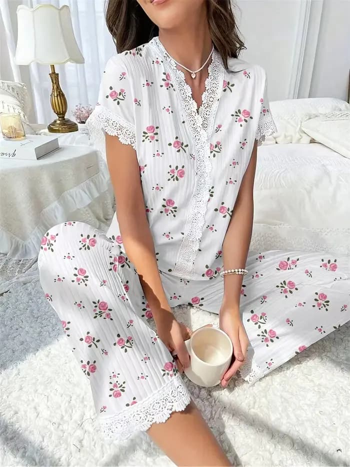 Ensemble de pyjama sexy imprimé à col en V pour femme